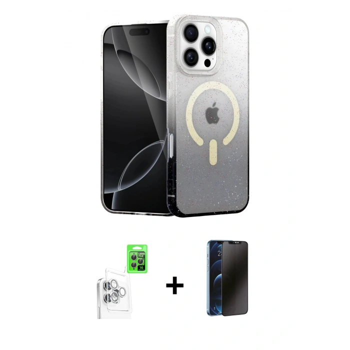 MARSİLYAN™- iPhone 16 Pro Kılıf Eksen Minimal Özel Seri - Siyah 3D Antistatik Hayalet Cam Ekran Koruyucu + Raze Metal Kamera Lens - BZ