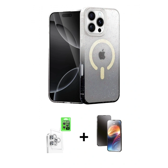 MARSİLYAN™- iPhone 16 Pro Kılıf Eksen Minimal Özel Seri - Siyah 3D Antistatik Mat Seramik Nano Ekran Koruyucu + Raze Metal Kamera Lens - BZ