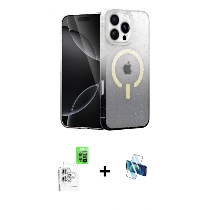 MARSİLYAN™- iPhone 16 Pro Kılıf Eksen Minimal Özel Seri - Siyah 3D Antistatik Seramik Nano Ekran Koruyucu + Beyaz Raze Metal Kamera Lens