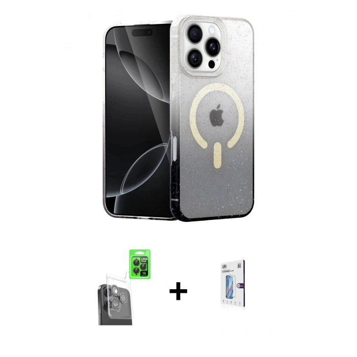 MARSİLYAN™- iPhone 16 Pro Kılıf Eksen Minimal Özel Seri - Siyah Bilvis 0.18mm Plus Cam Ekran Koruyucu + Raze Metal Kamera Lens - SH