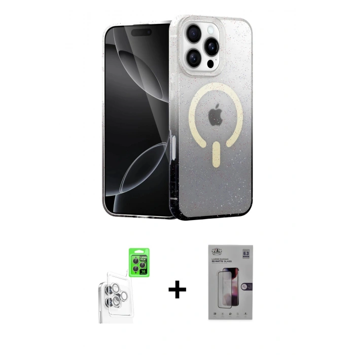 MARSİLYAN™- iPhone 16 Pro Kılıf Eksen Minimal Özel Seri - Siyah Bilvis 3D Mat Cam Ekran Koruyucu + Raze Metal Kamera Lens - BZ