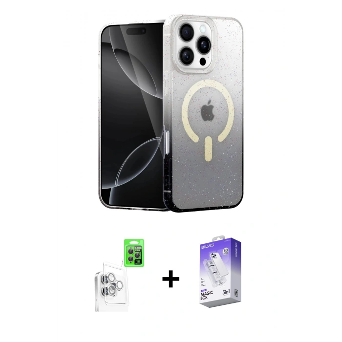MARSİLYAN™- iPhone 16 Pro Kılıf Eksen Minimal Özel Seri - Siyah Bilvis 5in1 3D Magic Cam Ekran Koruyucu + Raze Metal Kamera Lens - BZ