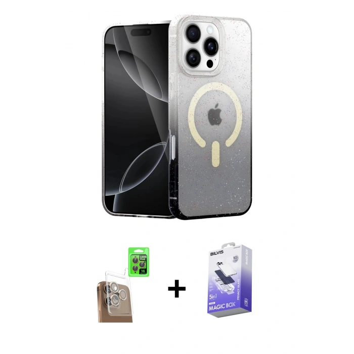 MARSİLYAN™- iPhone 16 Pro Kılıf Eksen Minimal Özel Seri - Siyah Bilvis 5in1 5D Magic Hayalet Cam Ekran Koruyucu + Raze Metal Kamera Lens - CLTM