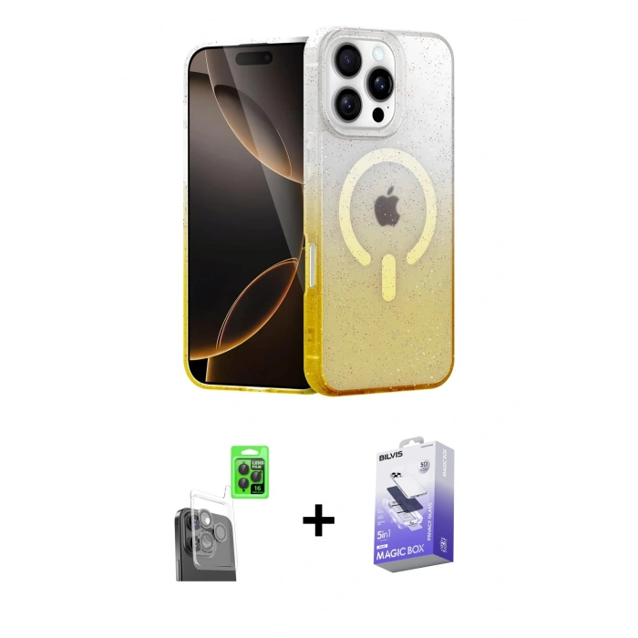 MARSİLYAN™- iPhone 16 Pro Kılıf Eksen Minimal Özel Seri - Siyah Bilvis 5in1 5D Magic Hayalet Cam Ekran Koruyucu + Raze Metal Kamera Lens - SH