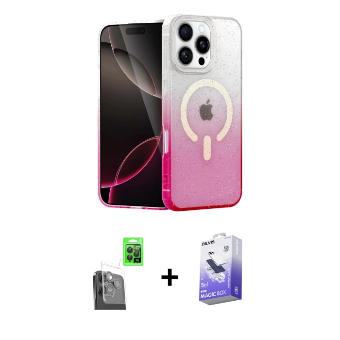 MARSİLYAN™- iPhone 16 Pro Kılıf Eksen Minimal Özel Seri - Siyah Bilvis 5in1 5D Magic Hayalet Cam Ekran Koruyucu + Raze Metal Kamera Lens - SH
