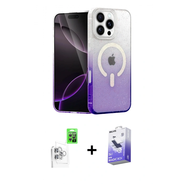 MARSİLYAN™- iPhone 16 Pro Kılıf Eksen Minimal Özel Seri - Siyah Bilvis 5in1 5D Magic Hayalet Cam Ekran Koruyucu + Beyaz Raze Metal Kamera Lens