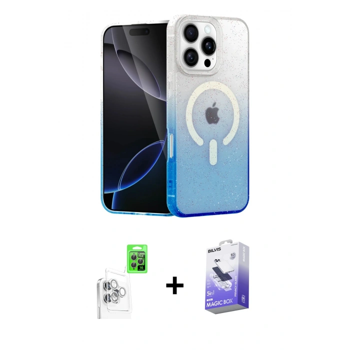 MARSİLYAN™- iPhone 16 Pro Kılıf Eksen Minimal Özel Seri - Siyah Bilvis 5in1 5D Magic Hayalet Cam Ekran Koruyucu + Beyaz Raze Metal Kamera Lens