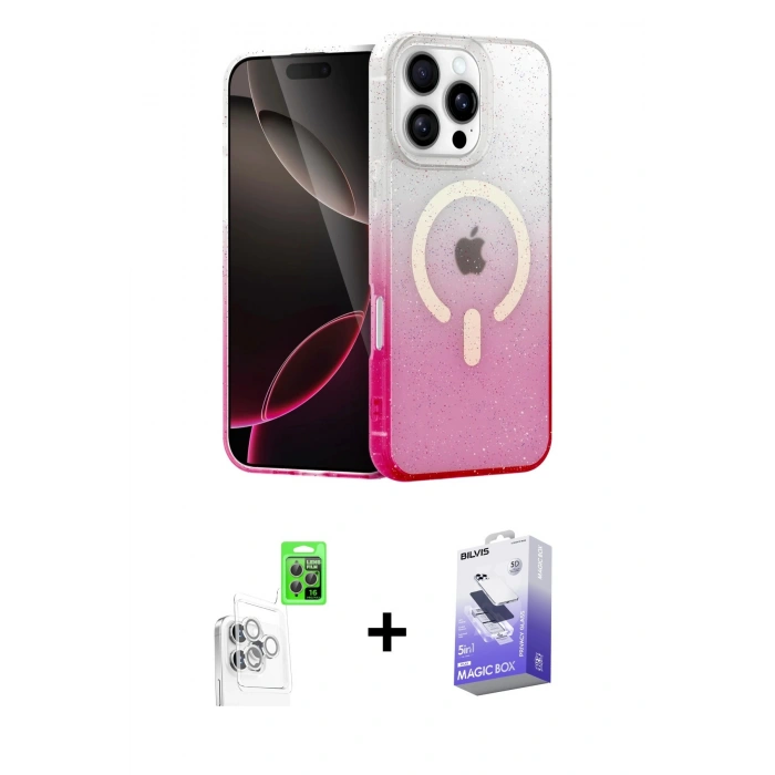 MARSİLYAN™- iPhone 16 Pro Kılıf Eksen Minimal Özel Seri - Siyah Bilvis 5in1 5D Magic Hayalet Cam Ekran Koruyucu + Beyaz Raze Metal Kamera Lens