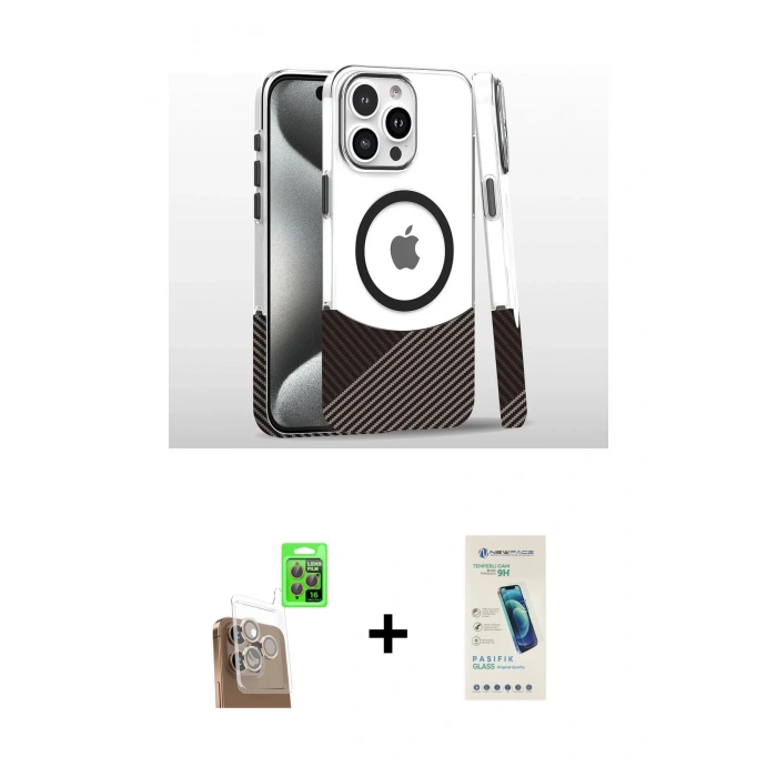 MARSİLYAN™- iPhone 16 Pro Kılıf İz Asil Prime - Şeffaf Pasifik Cam Ekran Koruyucu + Raze Metal Kamera Lens - CLTM