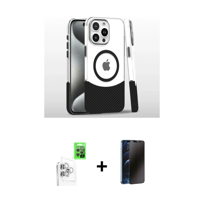 MARSİLYAN™- iPhone 16 Pro Kılıf İz Asil Prime - Siyah 3D Antistatik Hayalet Cam Ekran Koruyucu + Raze Metal Kamera Lens - BZ