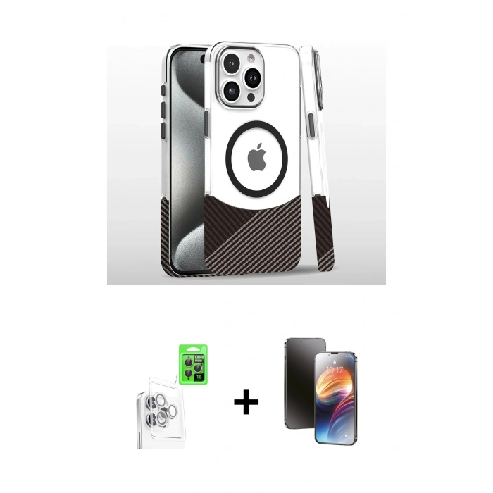 MARSİLYAN™- iPhone 16 Pro Kılıf İz Asil Prime - Siyah 3D Antistatik Mat Seramik Nano Ekran Koruyucu + Beyaz Raze Metal Kamera Lens