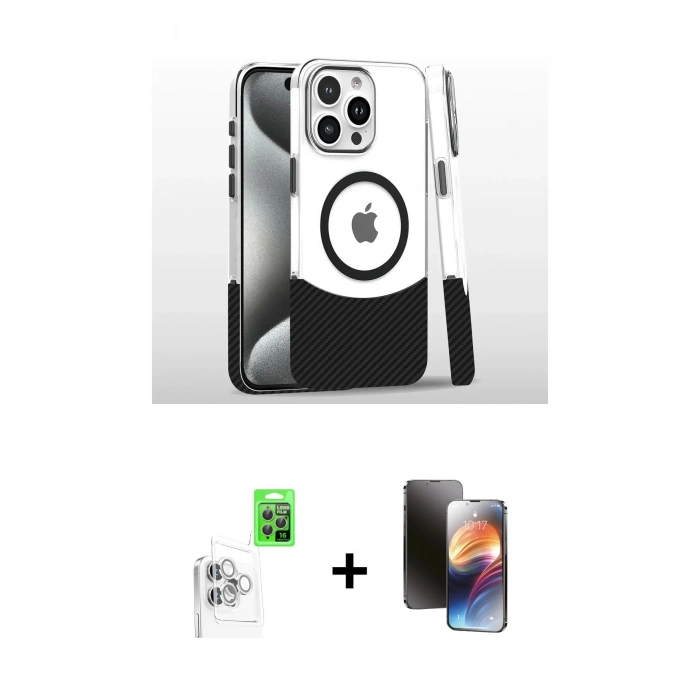 MARSİLYAN™- iPhone 16 Pro Kılıf İz Asil Prime - Siyah 3D Antistatik Mat Seramik Nano Ekran Koruyucu + Beyaz Raze Metal Kamera Lens
