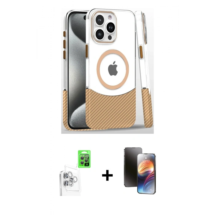 MARSİLYAN™- iPhone 16 Pro Kılıf İz Asil Prime - Siyah 3D Antistatik Mat Seramik Nano Ekran Koruyucu + Beyaz Raze Metal Kamera Lens