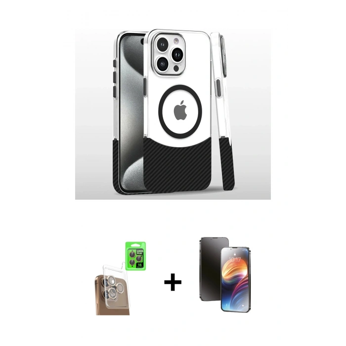 MARSİLYAN™- iPhone 16 Pro Kılıf İz Asil Prime - Siyah 3D Antistatik Mat Seramik Nano Ekran Koruyucu + Raze Metal Kamera Lens - CLTM