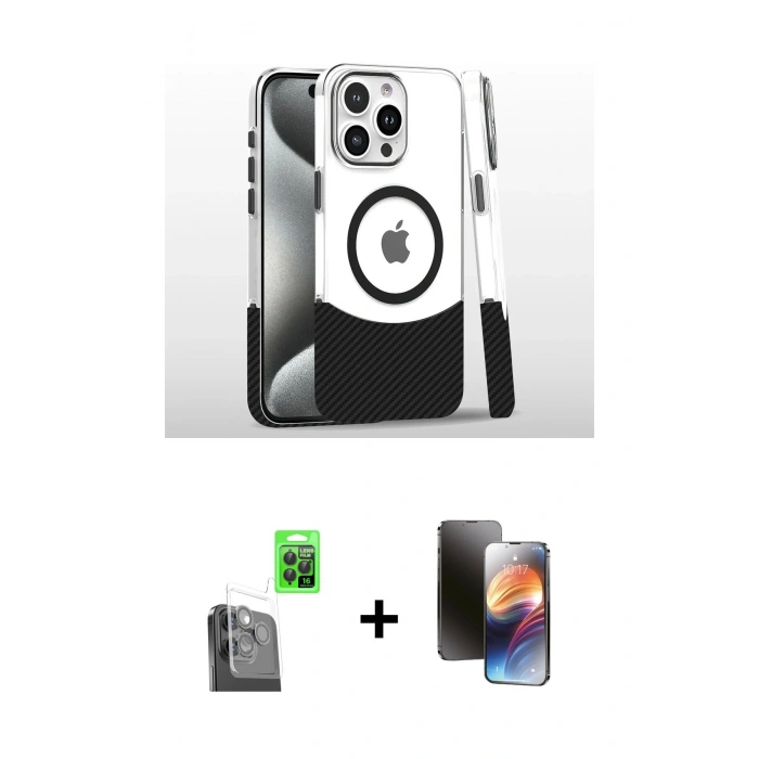 MARSİLYAN™- iPhone 16 Pro Kılıf İz Asil Prime - Siyah 3D Antistatik Mat Seramik Nano Ekran Koruyucu + Siyah Raze Metal Kamera Lens