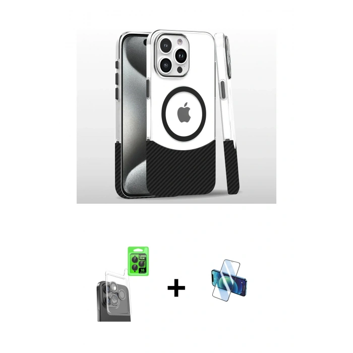 MARSİLYAN™- iPhone 16 Pro Kılıf İz Asil Prime - Siyah 3D Antistatik Seramik Nano Ekran Koruyucu + Raze Metal Kamera Lens - SH
