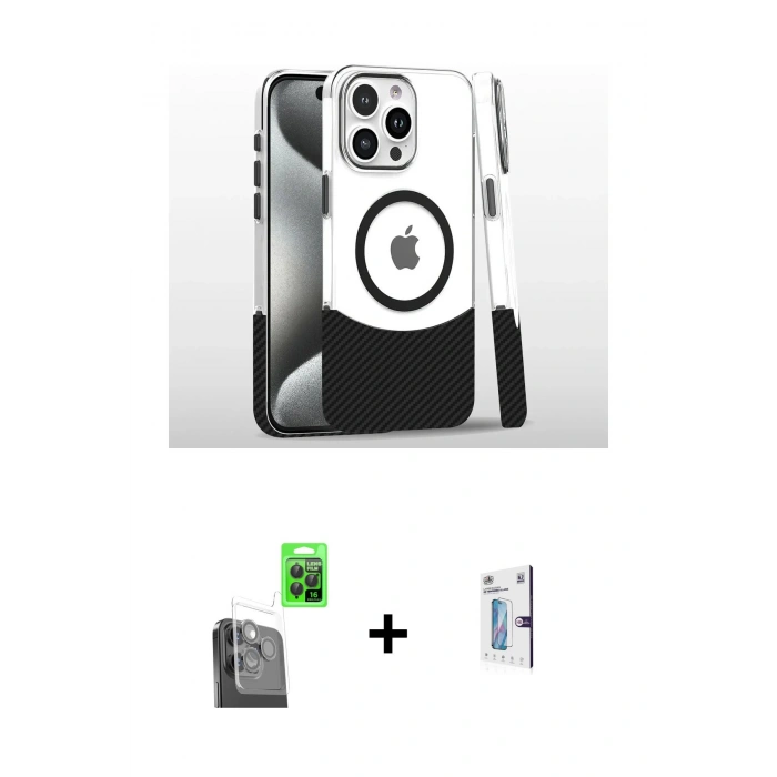 MARSİLYAN™- iPhone 16 Pro Kılıf İz Asil Prime - Siyah Bilvis 0.18mm Plus Cam Ekran Koruyucu + Raze Metal Kamera Lens - SH