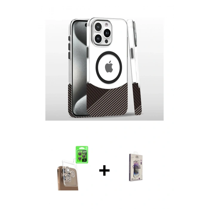 MARSİLYAN™- iPhone 16 Pro Kılıf İz Asil Prime - Siyah Bilvis 3D Cam Ekran Koruyucu + Raze Metal Kamera Lens - CLTM