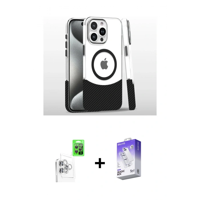 MARSİLYAN™- iPhone 16 Pro Kılıf İz Asil Prime - Siyah Bilvis 5in1 3D Magic Cam Ekran Koruyucu + Raze Metal Kamera Lens - BZ