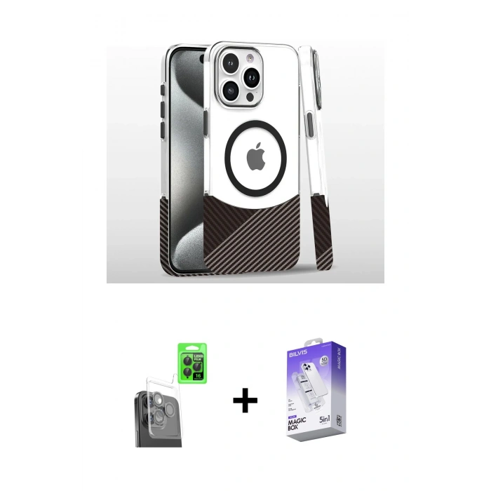 MARSİLYAN™- iPhone 16 Pro Kılıf İz Asil Prime - Siyah Bilvis 5in1 3D Magic Cam Ekran Koruyucu + Siyah Raze Metal Kamera Lens