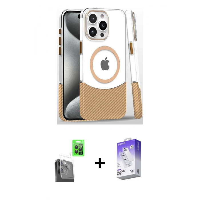 MARSİLYAN™- iPhone 16 Pro Kılıf İz Asil Prime - Siyah Bilvis 5in1 3D Magic Cam Ekran Koruyucu + Siyah Raze Metal Kamera Lens