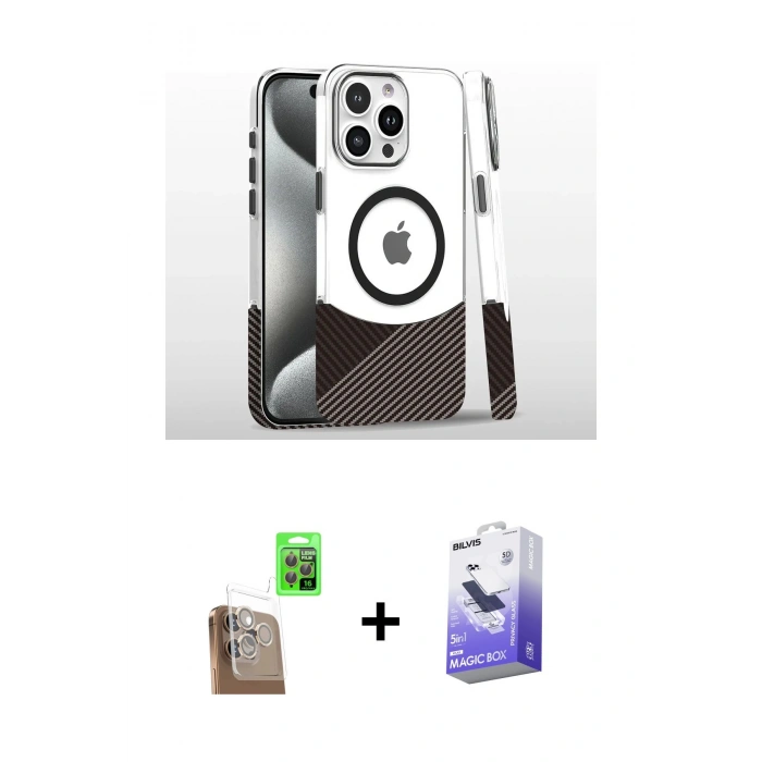 MARSİLYAN™- iPhone 16 Pro Kılıf İz Asil Prime - Siyah Bilvis 5in1 5D Magic Hayalet Cam Ekran Koruyucu + Raze Metal Kamera Lens - CLTM