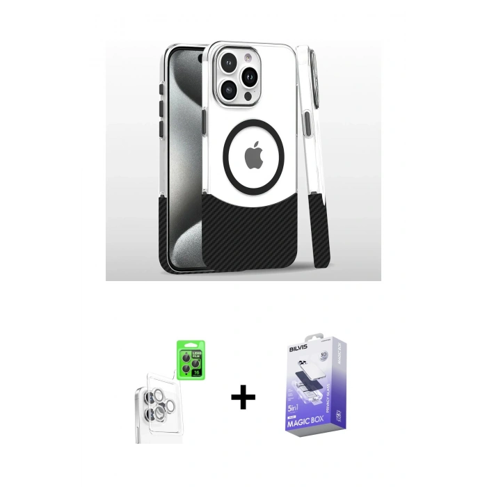MARSİLYAN™- iPhone 16 Pro Kılıf İz Asil Prime - Siyah Bilvis 5in1 5D Magic Hayalet Cam Ekran Koruyucu + Raze Metal Kamera Lens - BZ