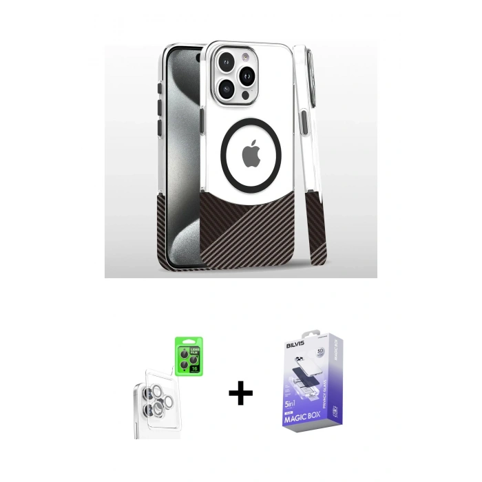 MARSİLYAN™- iPhone 16 Pro Kılıf İz Asil Prime - Siyah Bilvis 5in1 5D Magic Hayalet Cam Ekran Koruyucu + Raze Metal Kamera Lens - BZ