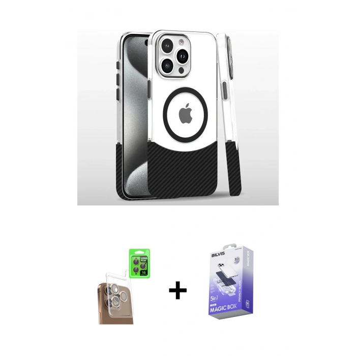 MARSİLYAN™- iPhone 16 Pro Kılıf İz Asil Prime - Siyah Bilvis 5in1 5D Magic Hayalet Cam Ekran Koruyucu + Raze Metal Kamera Lens - CLTM