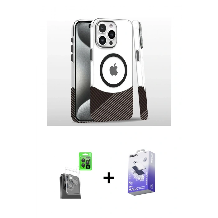MARSİLYAN™- iPhone 16 Pro Kılıf İz Asil Prime - Siyah Bilvis 5in1 5D Magic Hayalet Cam Ekran Koruyucu + Raze Metal Kamera Lens - SH