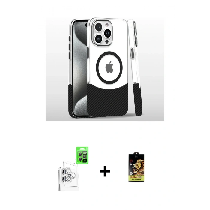 MARSİLYAN™- iPhone 16 Pro Kılıf İz Asil Prime - Siyah Buffer Cam Ekran Koruyucu + Raze Metal Kamera Lens - BZ