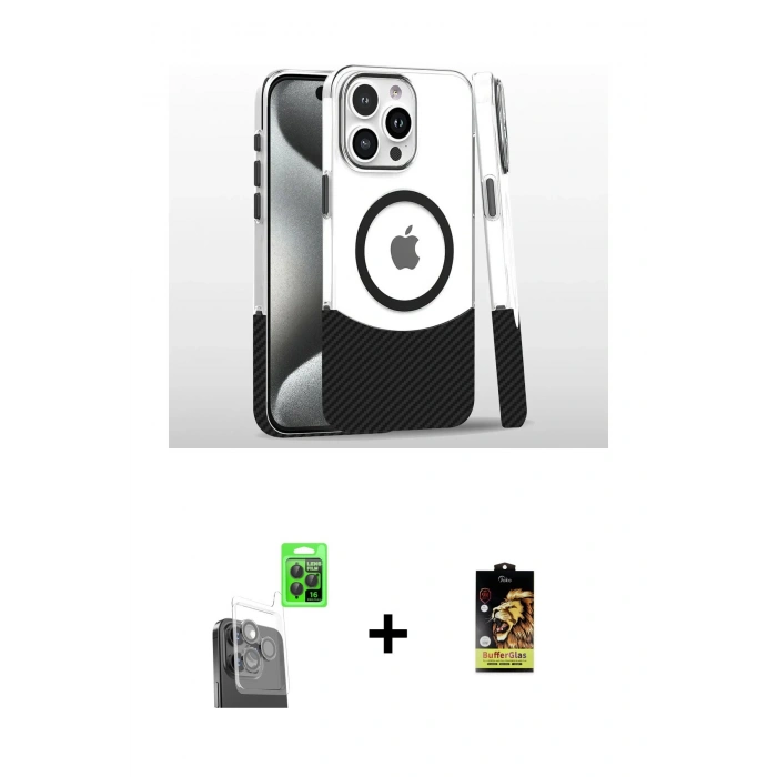 MARSİLYAN™- iPhone 16 Pro Kılıf İz Asil Prime - Siyah Buffer Cam Ekran Koruyucu + Raze Metal Kamera Lens - SH