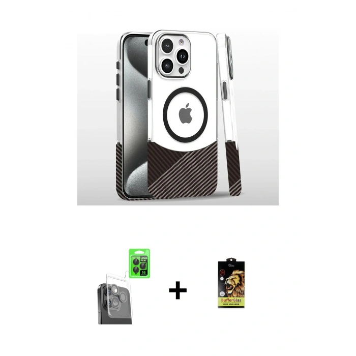 MARSİLYAN™- iPhone 16 Pro Kılıf İz Asil Prime - Siyah Buffer Cam Ekran Koruyucu + Raze Metal Kamera Lens - SH