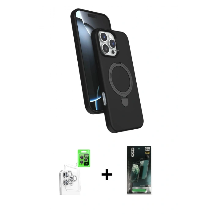 MARSİLYAN™- iPhone 16 Pro Kılıf İz Işık Koleksiyonu - Siyah 360 Mat Full Body Arka Koruyucu + Raze Metal Kamera Lens - BZ