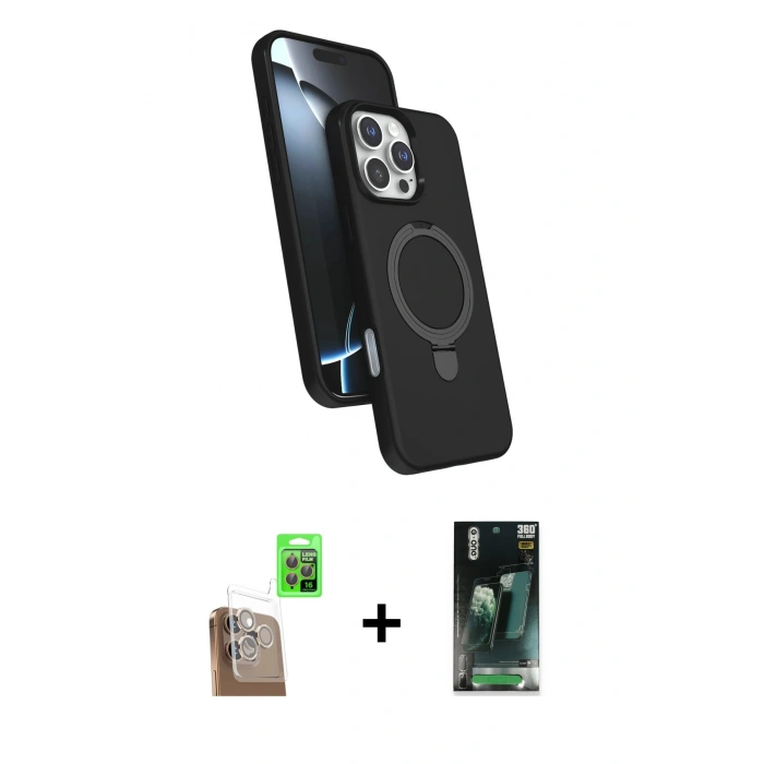 MARSİLYAN™- iPhone 16 Pro Kılıf İz Işık Koleksiyonu - Siyah 360 Mat Full Body Arka Koruyucu + Raze Metal Kamera Lens - CLTM