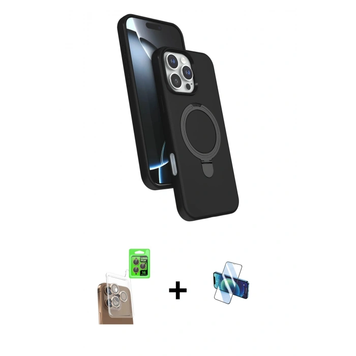 MARSİLYAN™- iPhone 16 Pro Kılıf İz Işık Koleksiyonu - Siyah 3D Antistatik Seramik Nano Ekran Koruyucu + Çöl Titanyum Raze Metal Kamera Lens