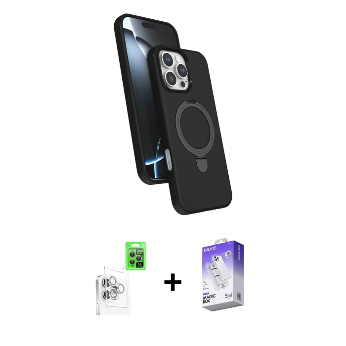 MARSİLYAN™- iPhone 16 Pro Kılıf İz Işık Koleksiyonu - Siyah Bilvis 5in1 3D Magic Cam Ekran Koruyucu + Raze Metal Kamera Lens - BZ