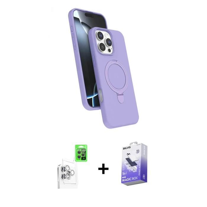 MARSİLYAN™- iPhone 16 Pro Kılıf İz Işık Koleksiyonu - Siyah Bilvis 5in1 5D Magic Hayalet Cam Ekran Koruyucu + Raze Metal Kamera Lens - BZ
