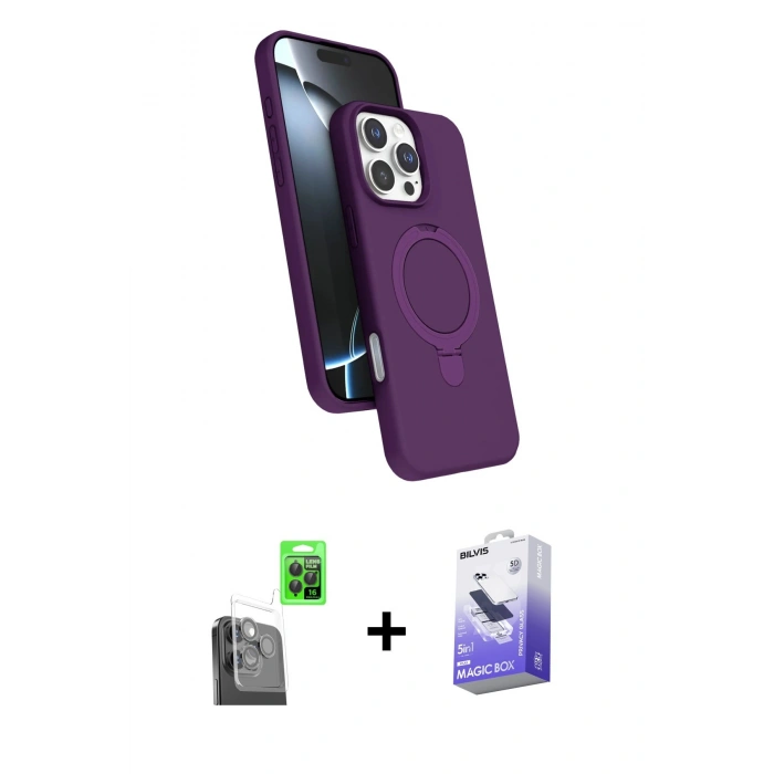 MARSİLYAN™- iPhone 16 Pro Kılıf İz Işık Koleksiyonu - Siyah Bilvis 5in1 5D Magic Hayalet Cam Ekran Koruyucu + Raze Metal Kamera Lens - SH
