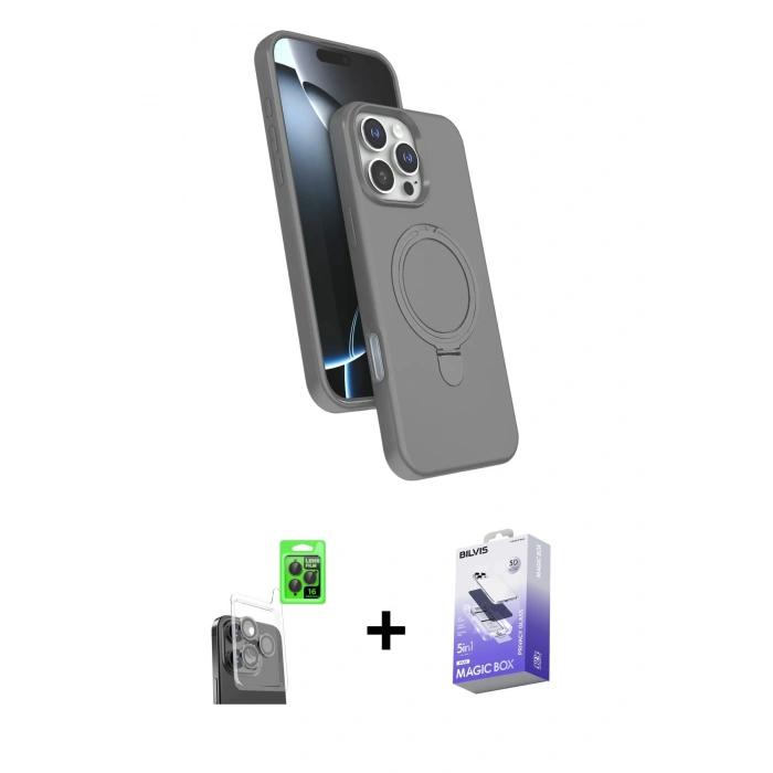 MARSİLYAN™- iPhone 16 Pro Kılıf İz Işık Koleksiyonu - Siyah Bilvis 5in1 5D Magic Hayalet Cam Ekran Koruyucu + Raze Metal Kamera Lens - SH