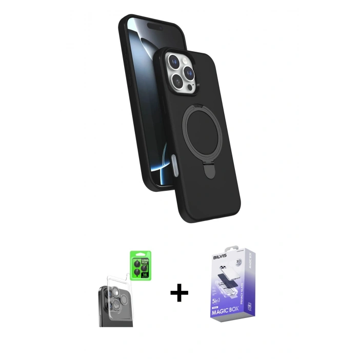 MARSİLYAN™- iPhone 16 Pro Kılıf İz Işık Koleksiyonu - Siyah Bilvis 5in1 5D Magic Hayalet Cam Ekran Koruyucu + Raze Metal Kamera Lens - SH