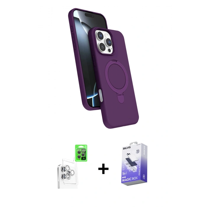 MARSİLYAN™- iPhone 16 Pro Kılıf İz Işık Koleksiyonu - Siyah Bilvis 5in1 5D Magic Hayalet Cam Ekran Koruyucu + Raze Metal Kamera Lens - BZ