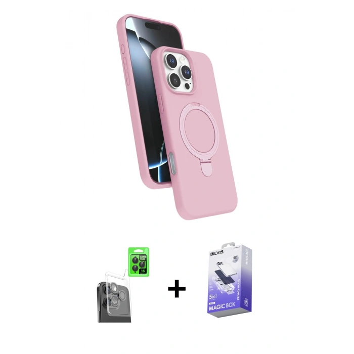 MARSİLYAN™- iPhone 16 Pro Kılıf İz Işık Koleksiyonu - Siyah Bilvis 5in1 5D Magic Hayalet Cam Ekran Koruyucu + Raze Metal Kamera Lens - SH