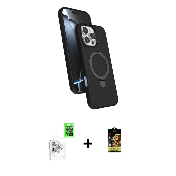 MARSİLYAN™- iPhone 16 Pro Kılıf İz Işık Koleksiyonu - Siyah Buffer Cam Ekran Koruyucu + Raze Metal Kamera Lens - BZ