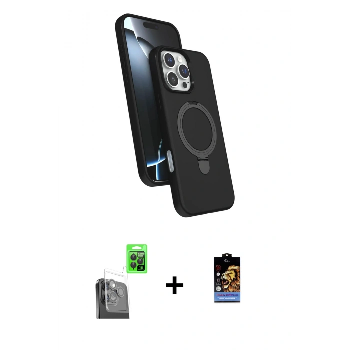 MARSİLYAN™- iPhone 16 Pro Kılıf İz Işık Koleksiyonu - Siyah Buffer Hayalet Cam Ekran Koruyucu + Raze Metal Kamera Lens - SH