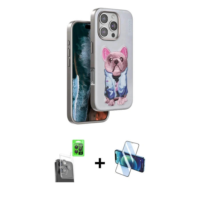 MARSİLYAN™- iPhone 16 Pro Kılıf İz Minimal Koleksiyonu - Siyah 3D Antistatik Cam Ekran Koruyucu + Raze Metal Kamera Lens - SH