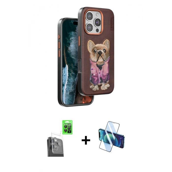 MARSİLYAN™- iPhone 16 Pro Kılıf İz Minimal Koleksiyonu - Siyah 3D Antistatik Cam Ekran Koruyucu + Raze Metal Kamera Lens - SH