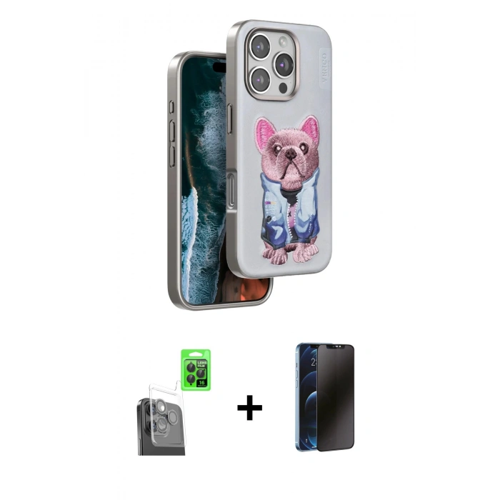 MARSİLYAN™- iPhone 16 Pro Kılıf İz Minimal Koleksiyonu - Siyah 3D Antistatik Hayalet Cam Ekran Koruyucu + Raze Metal Kamera Lens - SH