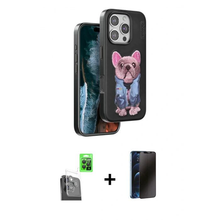 MARSİLYAN™- iPhone 16 Pro Kılıf İz Minimal Koleksiyonu - Siyah 3D Antistatik Hayalet Cam Ekran Koruyucu + Raze Metal Kamera Lens - SH