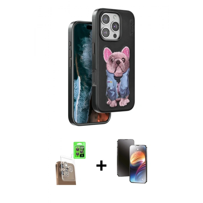 MARSİLYAN™- iPhone 16 Pro Kılıf İz Minimal Koleksiyonu - Siyah 3D Antistatik Mat Seramik Nano Ekran Koruyucu + Raze Metal Kamera Lens - CLTM